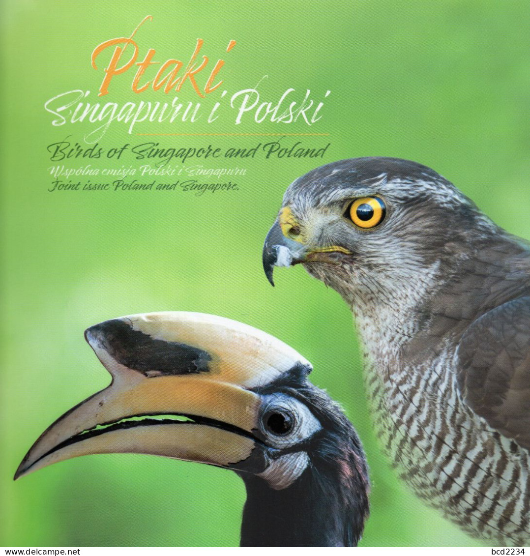 POLAND 2019 POLISH POST OFFICE LIMITED EDITION FOLDER: SINGAPORE POLAND BIRDS JOINT ISSUE MS HORNBILL PEREGRINE FALCON - Storia Postale