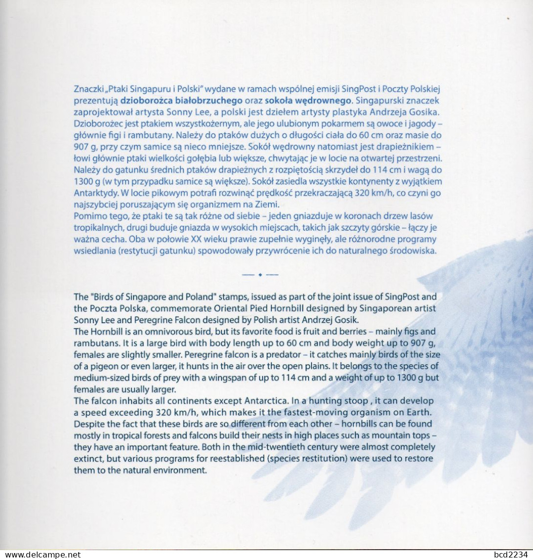 POLAND 2019 POLISH POST OFFICE LIMITED EDITION FOLDER: SINGAPORE POLAND BIRDS JOINT ISSUE MS HORNBILL PEREGRINE FALCON - Cartas & Documentos