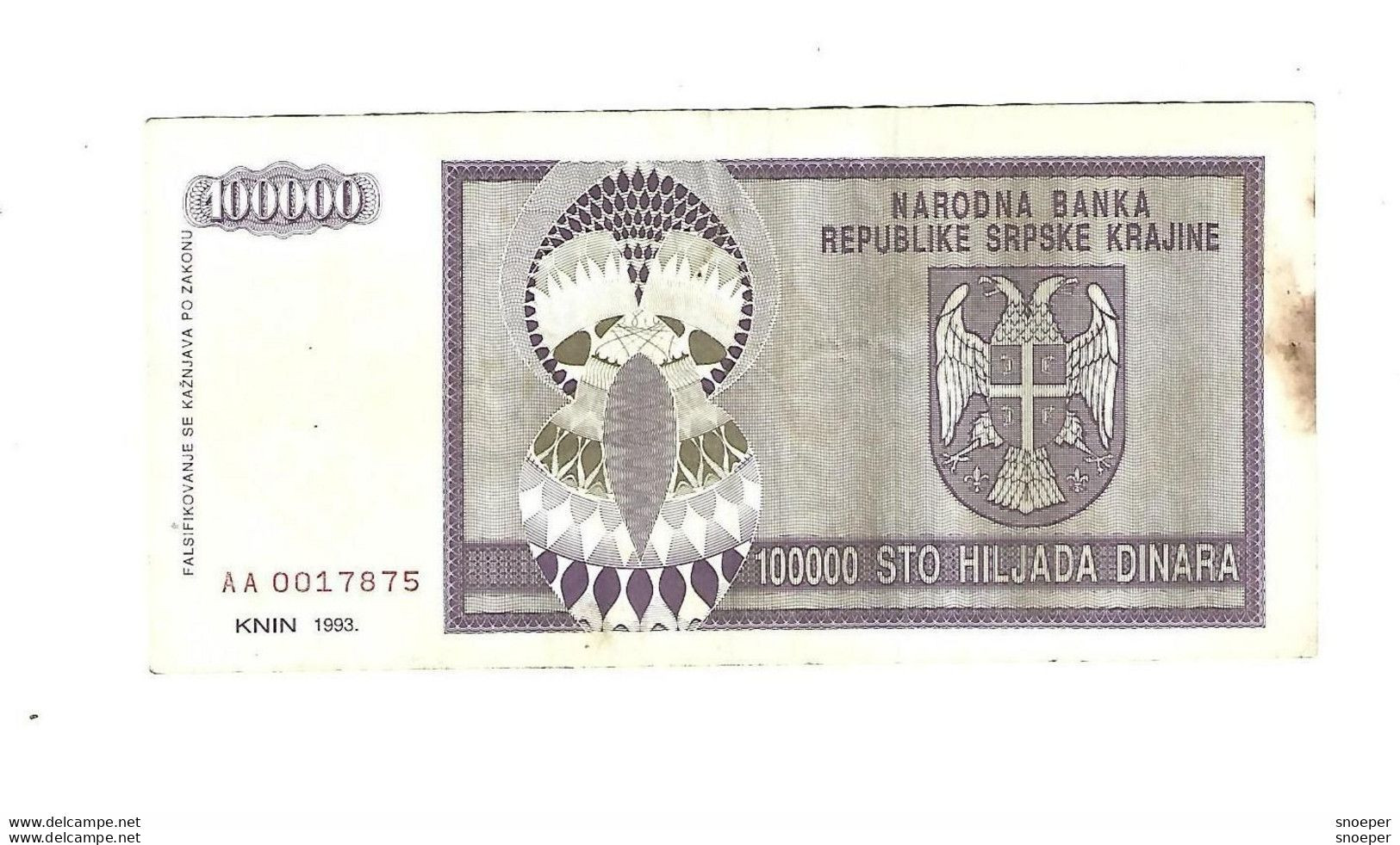 Croatia   Krajina 100000 Dinara 1993 R9 - Croatia