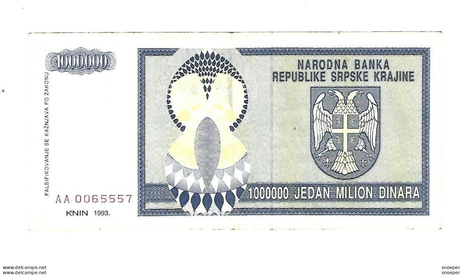 Croatia   Krajina 1.000.000 Dinara 1993  R10 - Croatia