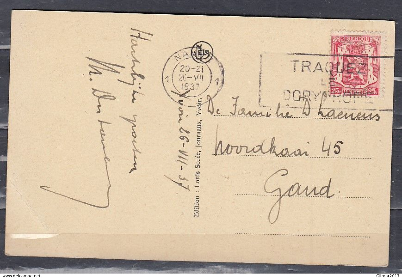 Postkaart Van Namur 1 Naar Gand Traquez Le Doryphope - 1935-1949 Small Seal Of The State