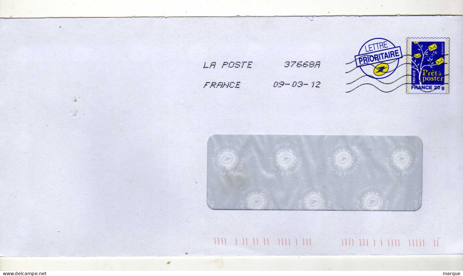 Enveloppe FRANCE Prêt à Poster Lettre Prioritaire 20g Oblitération LA POSTE 37668A 09/03/2012 - PAP: Aufdrucke/Blaues Logo