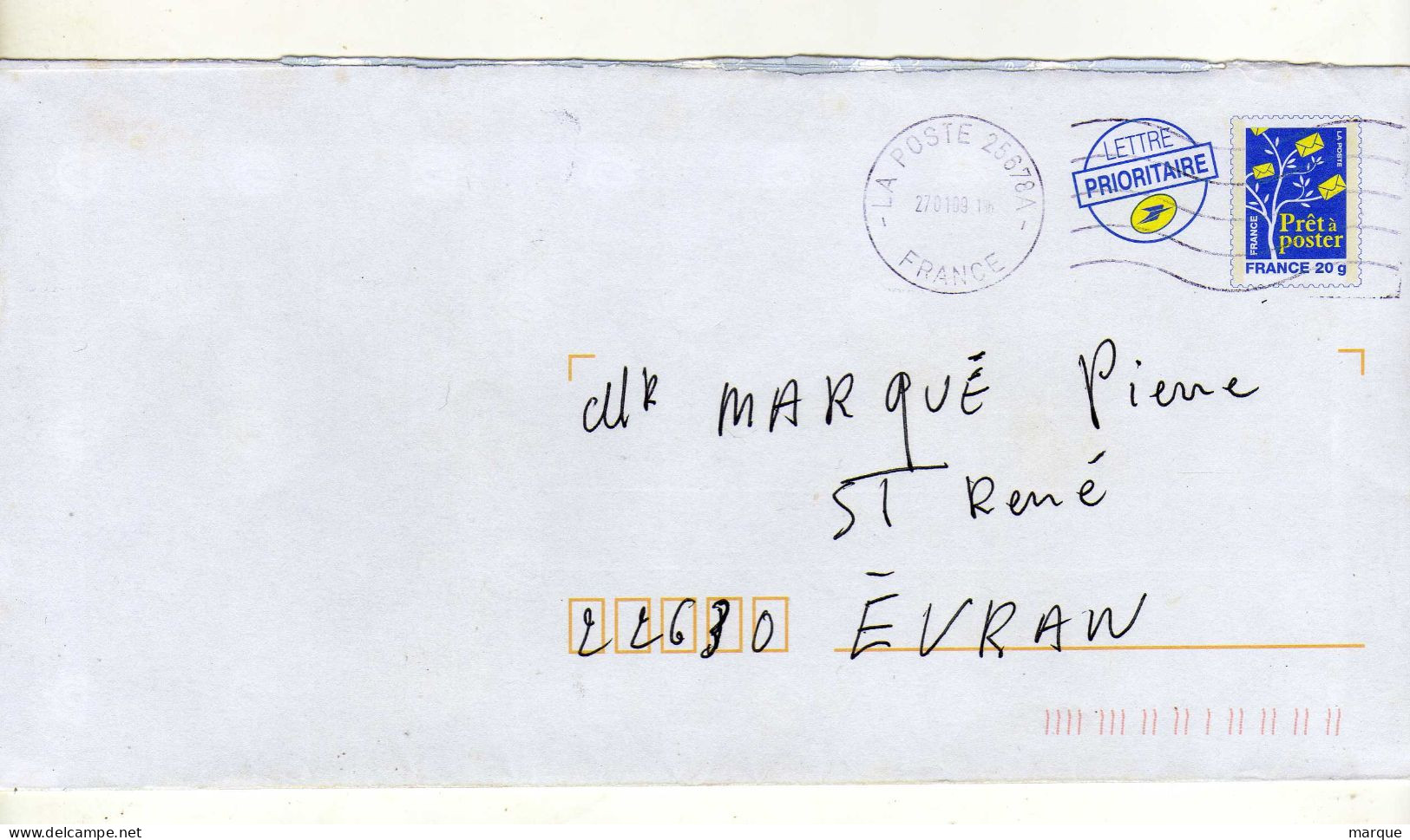 Enveloppe FRANCE Prêt à Poster Lettre Prioritaire 20g Oblitération LA POSTE 25678A 27/01/2009 - Prêts-à-poster: Repiquages /Logo Bleu