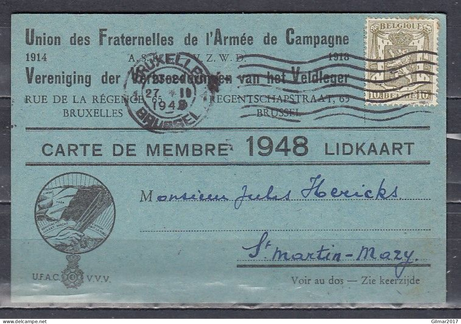 Lidkaart Van Union Des Fraternelles De L'Armée De Campagne Bruxelles - 1935-1949 Kleines Staatssiegel