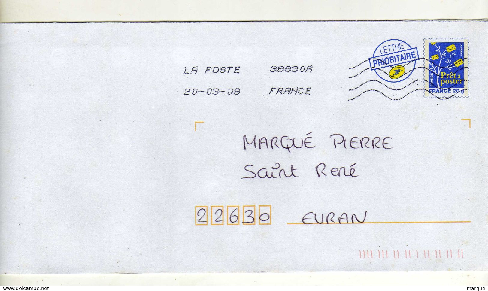 Enveloppe FRANCE Prêt à Poster Lettre Prioritaire 20g Oblitération LA POSTE 38830A 20/03/2008 - PAP: Ristampa/Logo Bleu