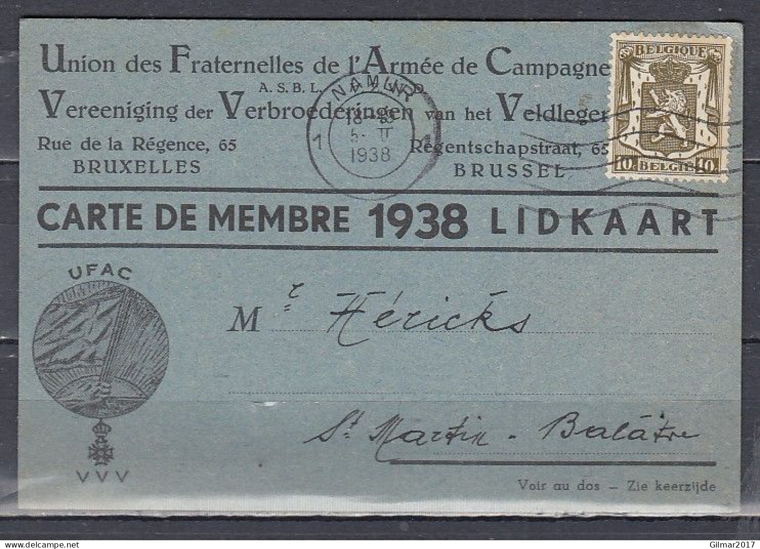 Lidkaart Van Union Des Fraternelles De L'Armée De Campagne Namur 1 - 1935-1949 Small Seal Of The State