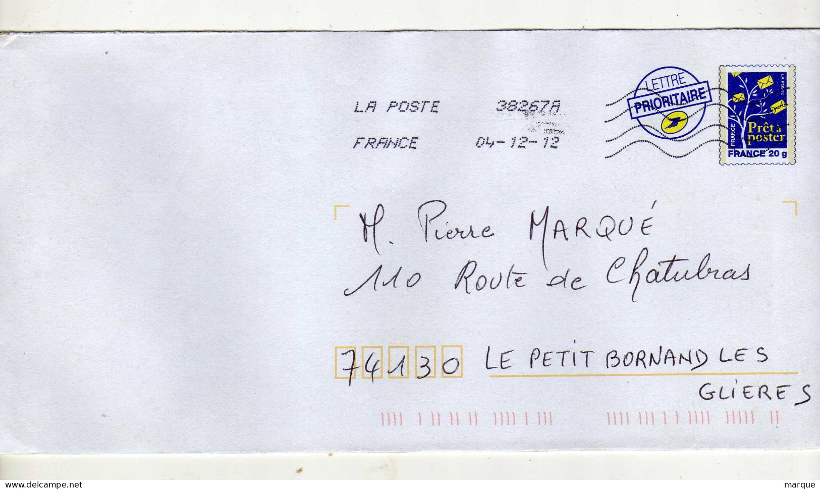 Enveloppe FRANCE Prêt à Poster Lettre Prioritaire 20g Oblitération LA POSTE 38267A 04/12/2012 - PAP: Aufdrucke/Blaues Logo
