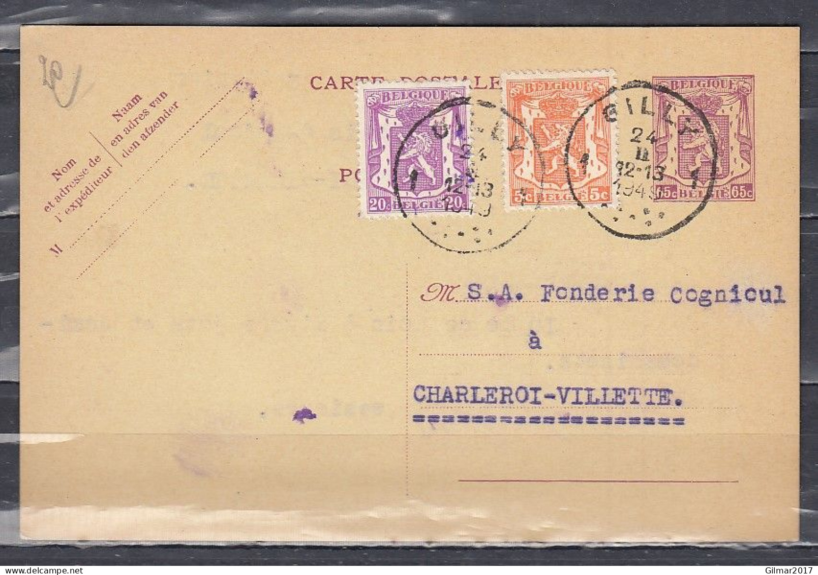Postkaart Van Gilly 1 Naar Charleroi Villette - 1935-1949 Small Seal Of The State