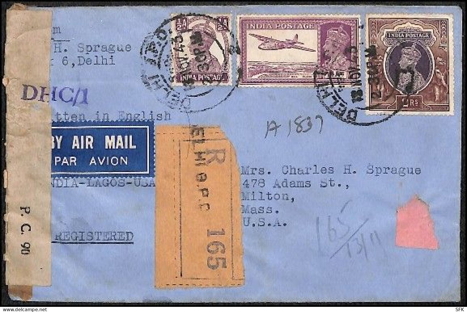 1943 India, Delhi - USA, Airmail, Registered, - 1936-47 Roi Georges VI