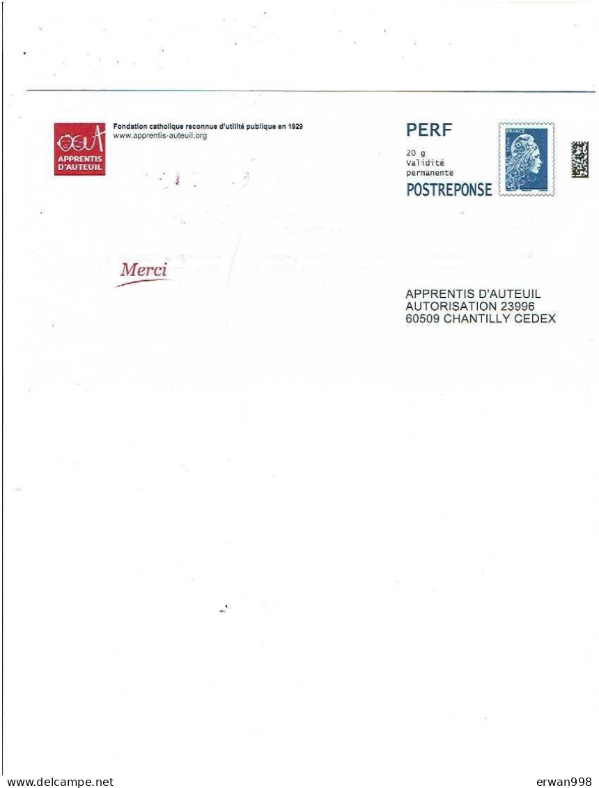 60 CHANTILLY    PAP Postréponse PERF- Apprentis D' Auteuil Marianne L'engagée Gris-foncé 409994(1567) - PAP: Antwort/Marianne L'Engagée