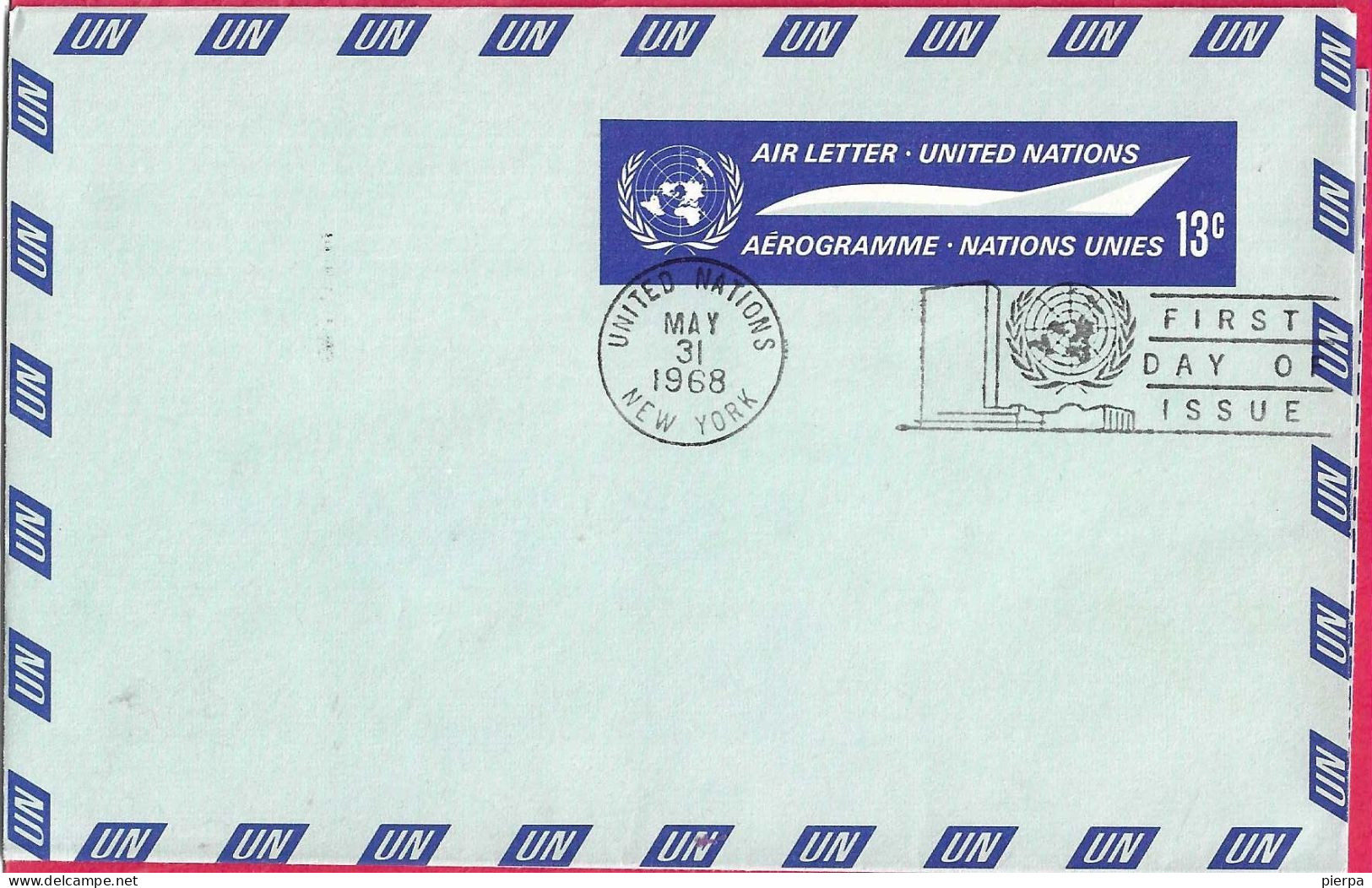 NAZIONI UNITE O.N.U. NEW YORK - INTERO AEROGRAMMA 13C - ANNULLO F.D.C "MAY. 31.1958* - Poste Aérienne