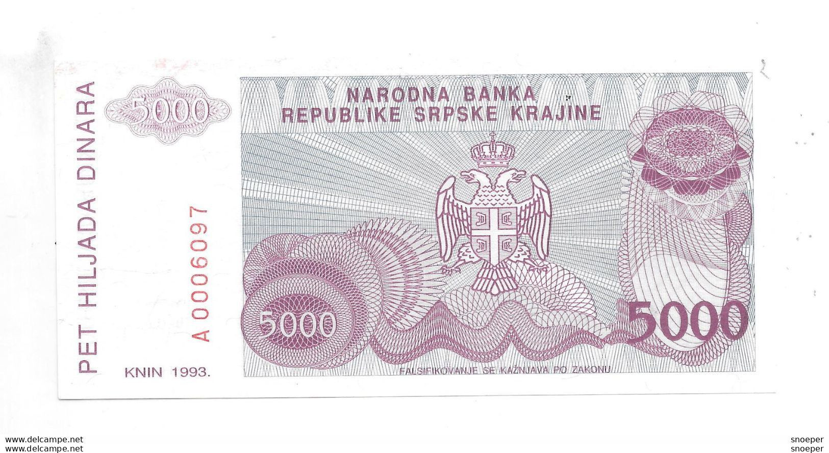 *croatia Republic Regonial Srpska Krajina  5000 Dinars 1993 Km R20 - Croatie