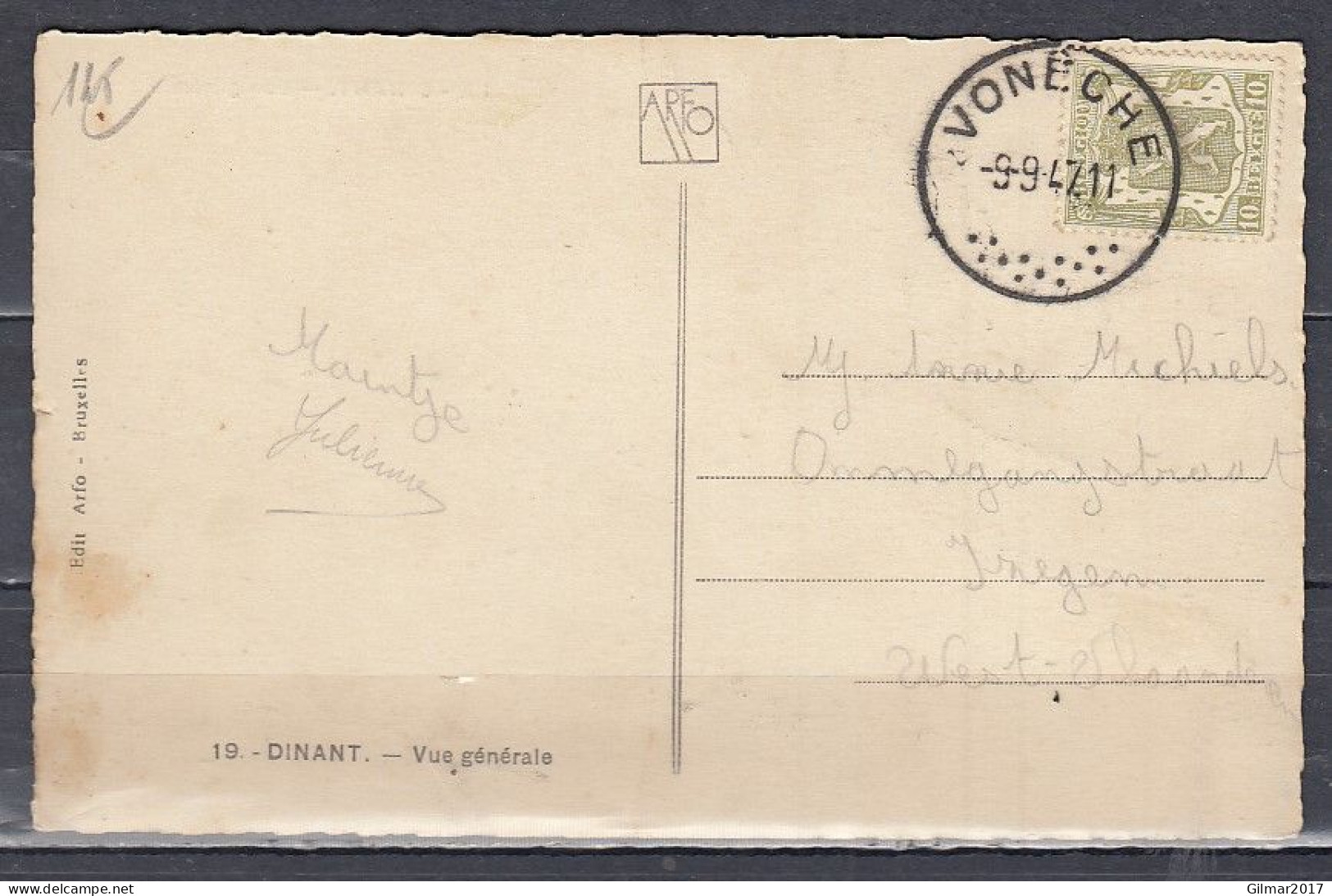 Postkaart Van Voneche Naar Izegem - 1935-1949 Klein Staatswapen