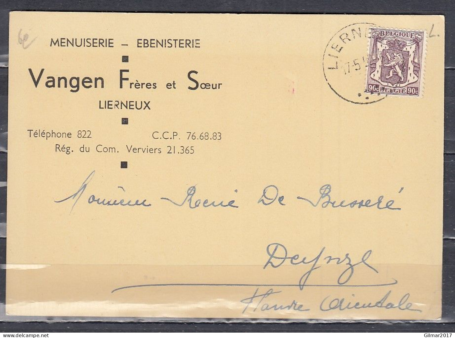 Kaart Van Lierneux Naar Deynze - 1935-1949 Klein Staatswapen