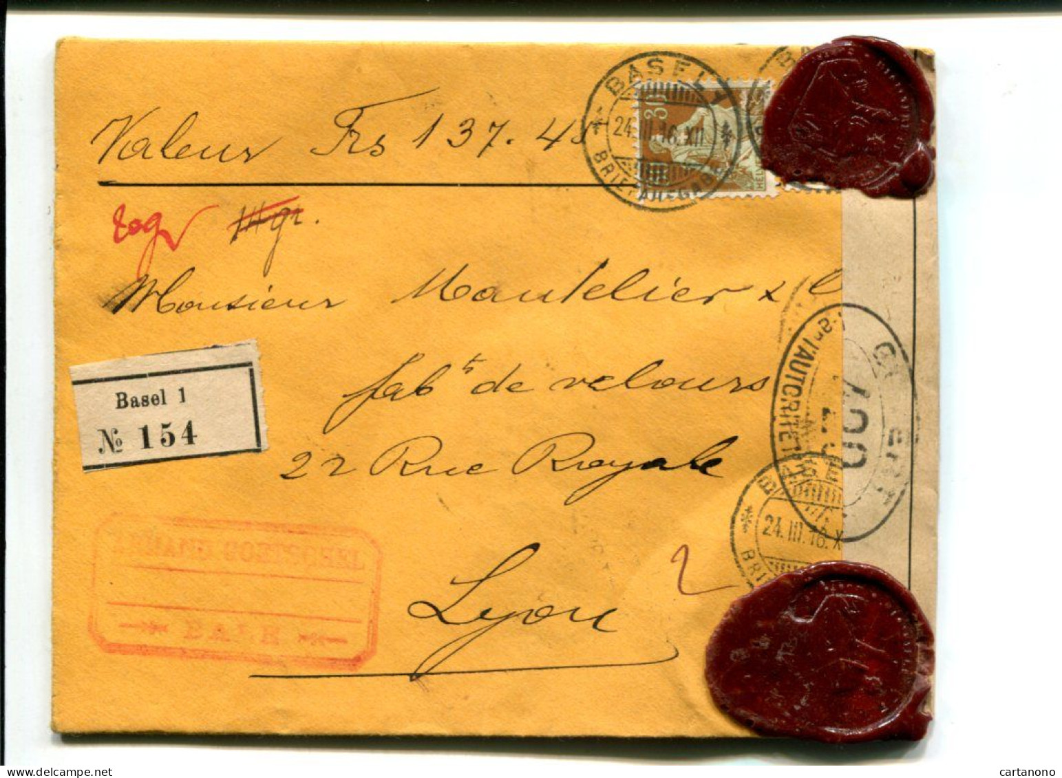 SUISSE Basel 1916 - Affranchissement Helvetia Sur Lettre Recommandée Valeur Déclarée  + Censure - Postmark Collection