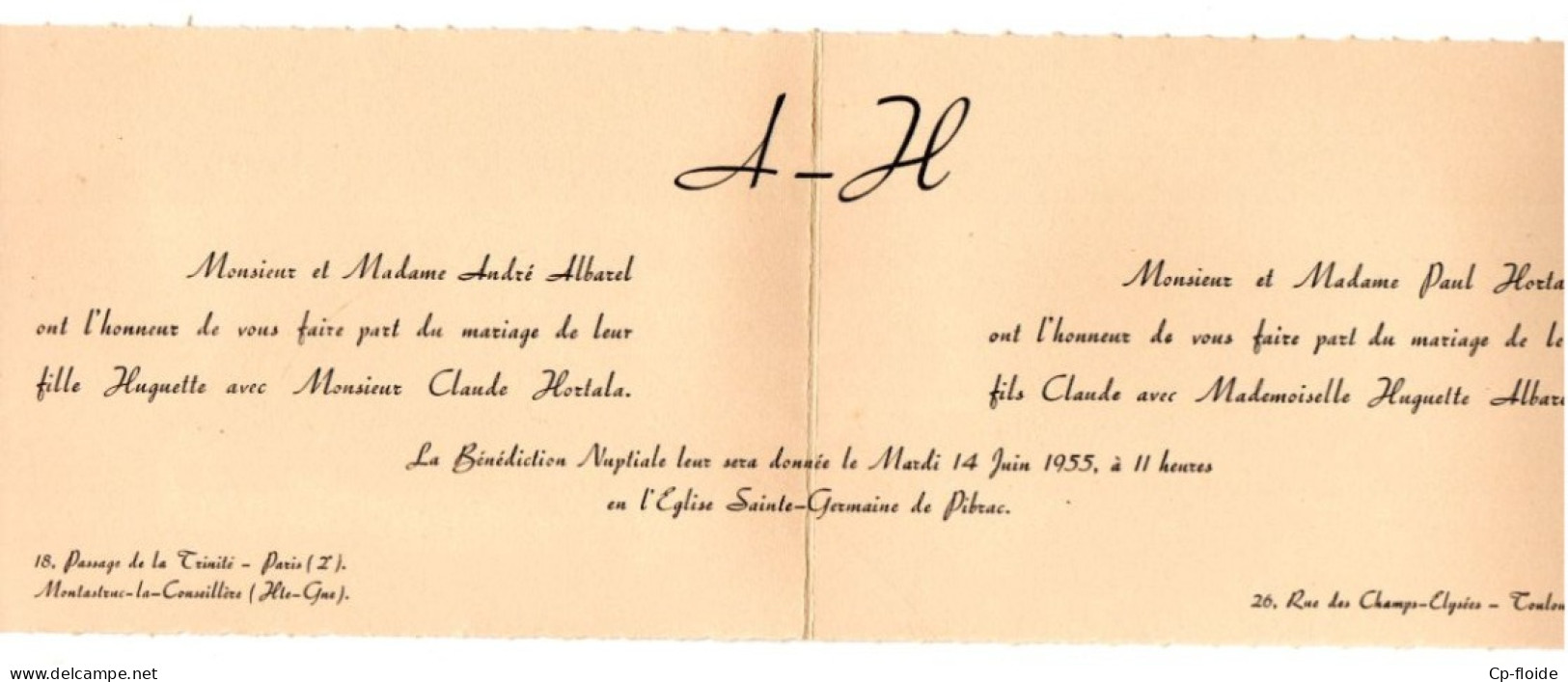 2 FAIRE-PARTS DE MARIAGE. TOULOUSE . MONTASTRUC-LA-CONSEILLÈRE . PARIS . GRANSAC . ALBAREL .HORTALA - Réf. N°1005F - - Hochzeit