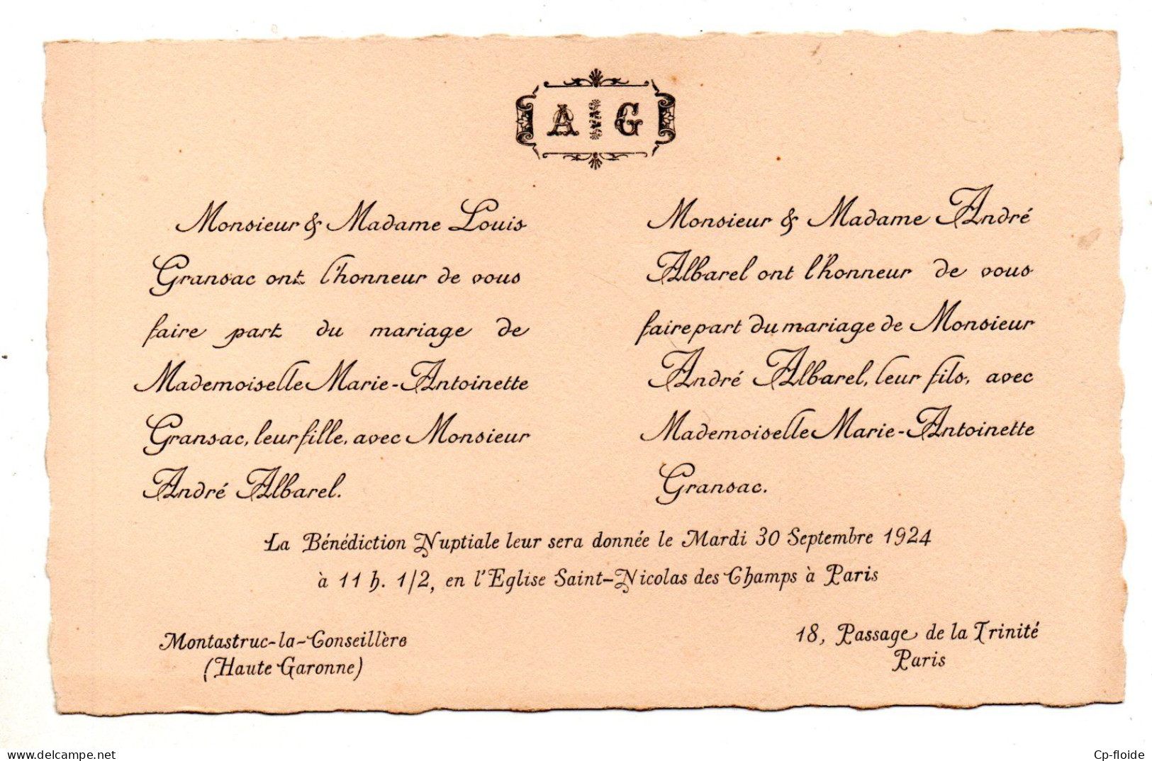 2 FAIRE-PARTS DE MARIAGE. TOULOUSE . MONTASTRUC-LA-CONSEILLÈRE . PARIS . GRANSAC . ALBAREL .HORTALA - Réf. N°1005F - - Hochzeit