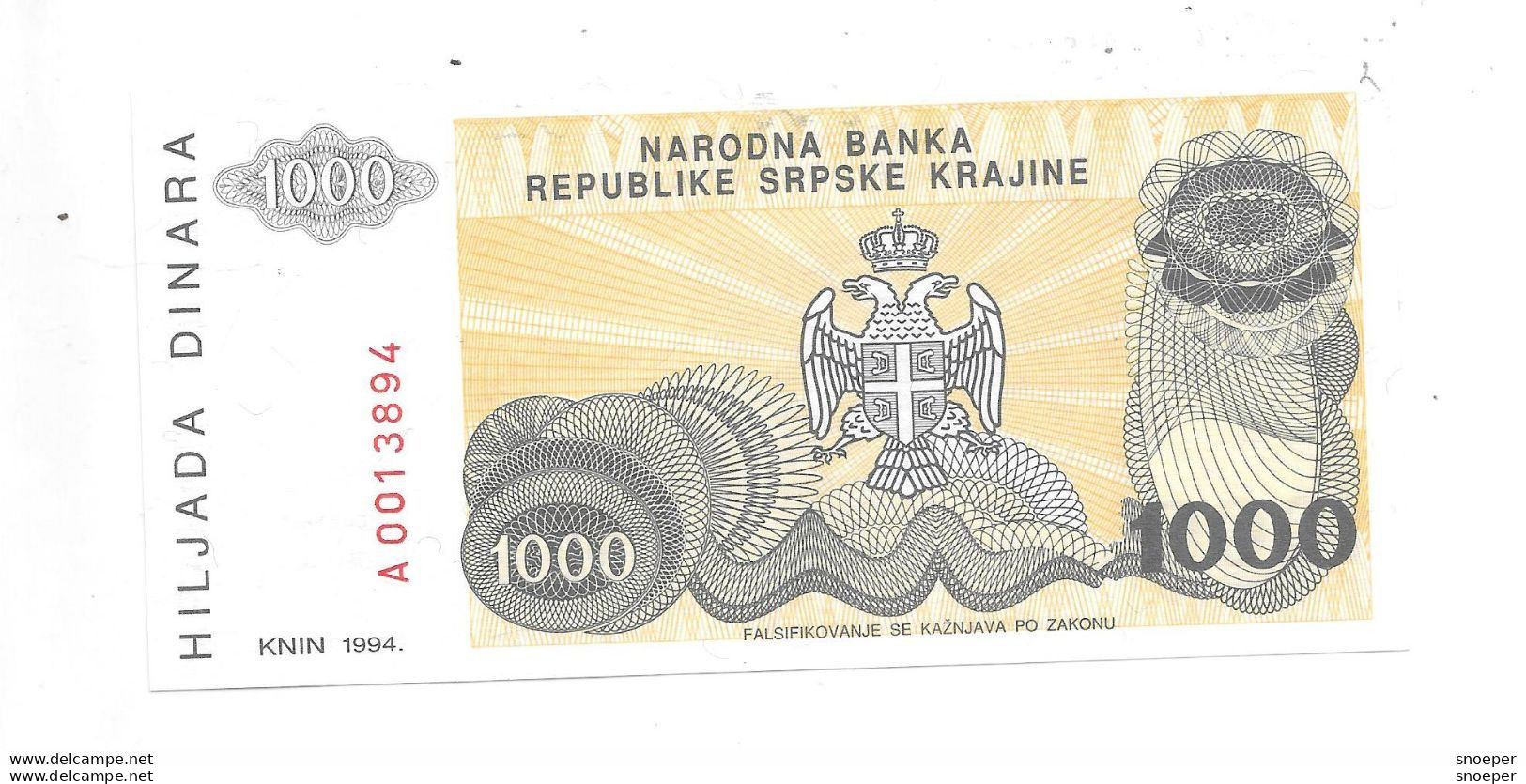 *croatia Republic Regonial Srpska Krajina  1000 Dinars 1994 Km R30a - Croatia