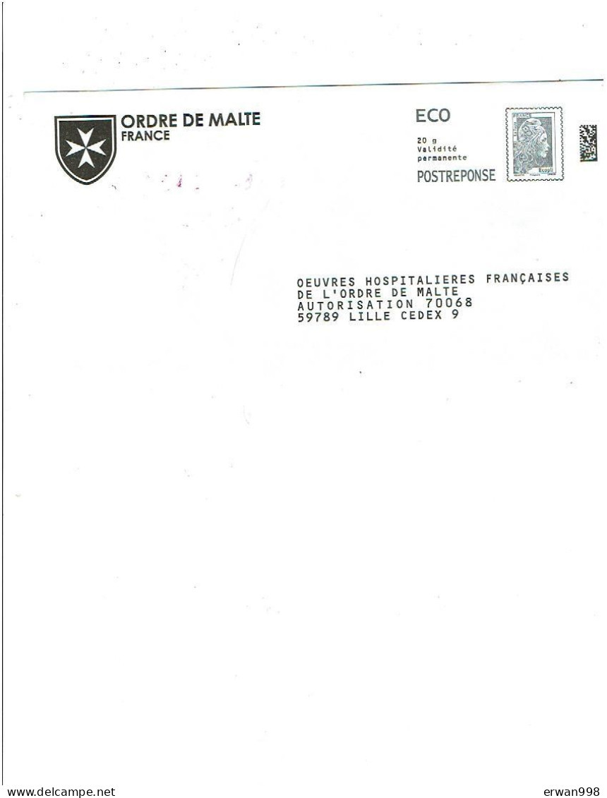 59 LILLE PAP Postréponse ECO- Ordre De Malte  Oeuvres Hospitalières Marianne L'engagée Gris- 404762 (1571) - PAP : Antwoord /Marianne L'Engagée