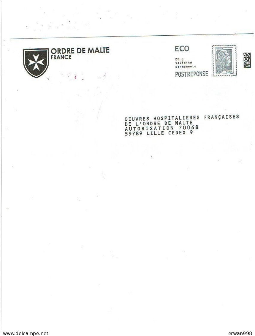 59 LILLE PAP Postréponse ECO- Ordre De Malte  Oeuvres Hospitalières Marianne L'engagée Gris- 404762 (1571) - Prêts-à-poster:Answer/Marianne L'Engagée