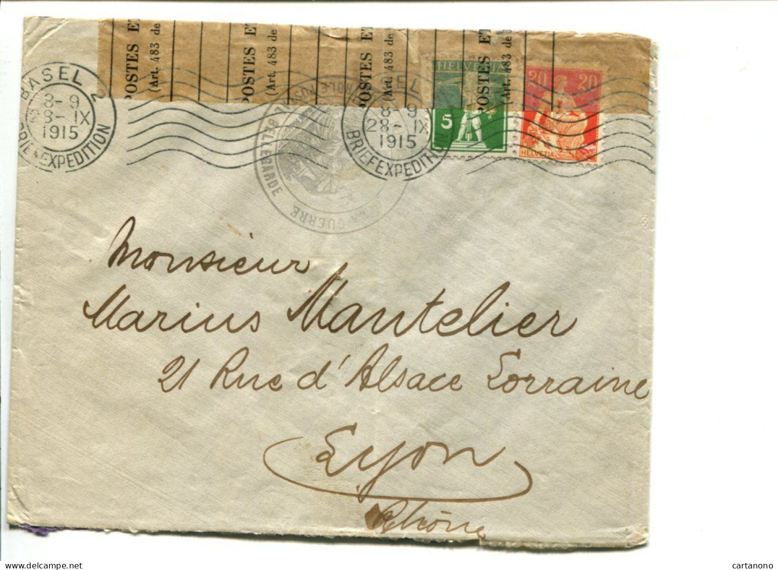 SUISSE Basel 1915- Affranchissement 5 + 20 Helvetia Sur Lettre Avec Censure + Cachet Contrôle Postal Bellegarde - Poststempel