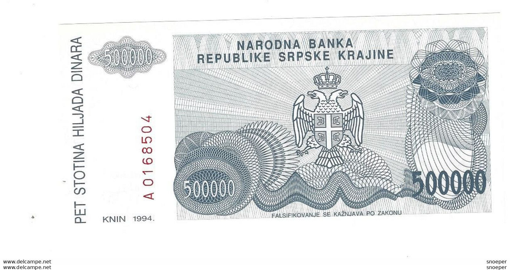 *croatia   Krajina  500.000 Dinara 1994   R32  Unc - Kroatië