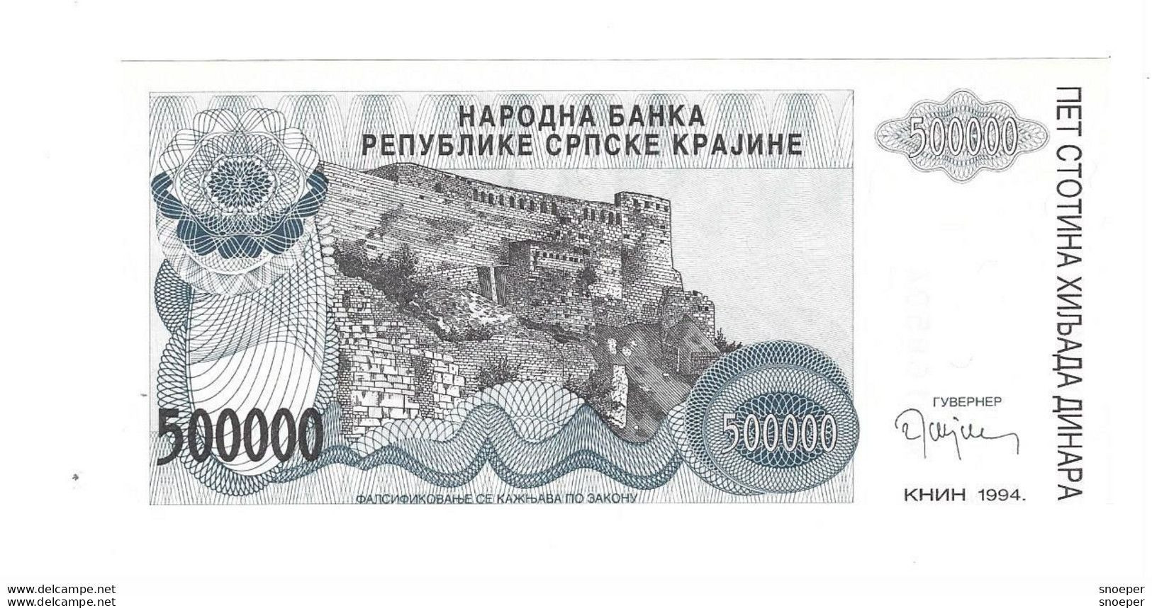 *croatia   Krajina  500.000 Dinara 1994   R32  Unc - Kroatië