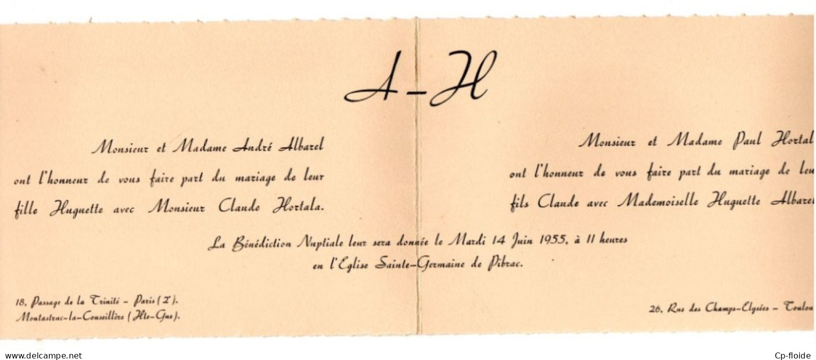 2 FAIRE-PARTS DE MARIAGE. TOULOUSE . MONTASTRUC-LA-CONSEILLÈRE . PARIS . GRANSAC . ALBAREL .HORTALA - Réf. N°1007F - - Hochzeit