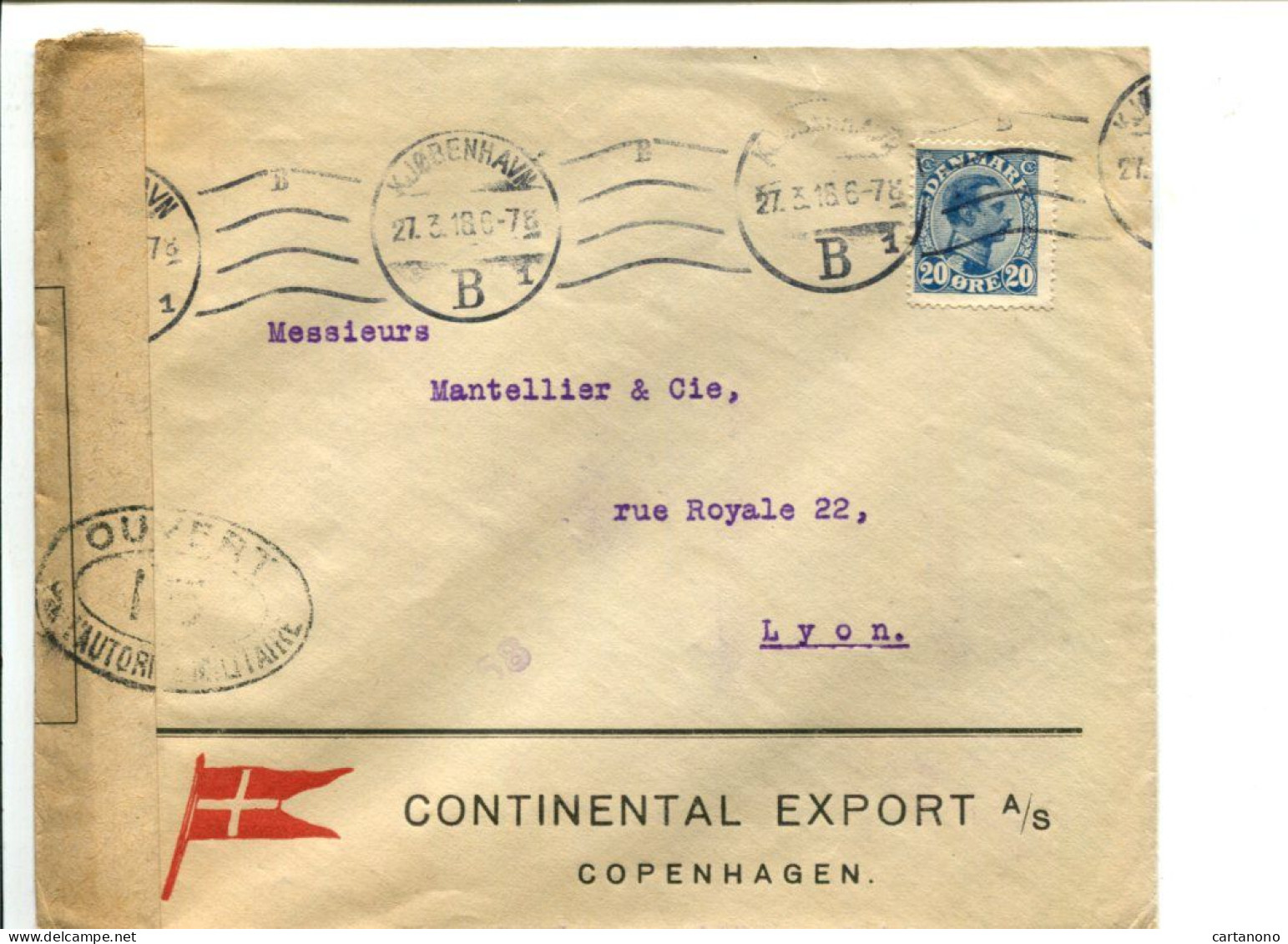 Danemark 1918 Affranchissement Seul Sur Lettre Pour Lyon Avec Censure - Continental Export A/s Copenhagen - Storia Postale