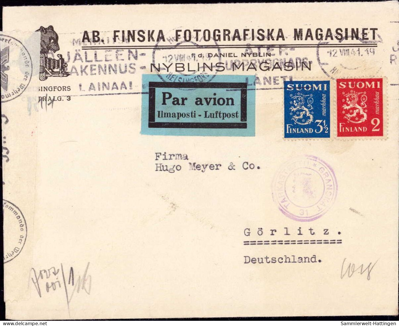 603286 | Firma Finska Fotogrfiska Magasinet, Helsingfors, Fotografie An Firma Hugo Meyer & Co, Zensur | Görlitz (O 8900) - Brieven En Documenten