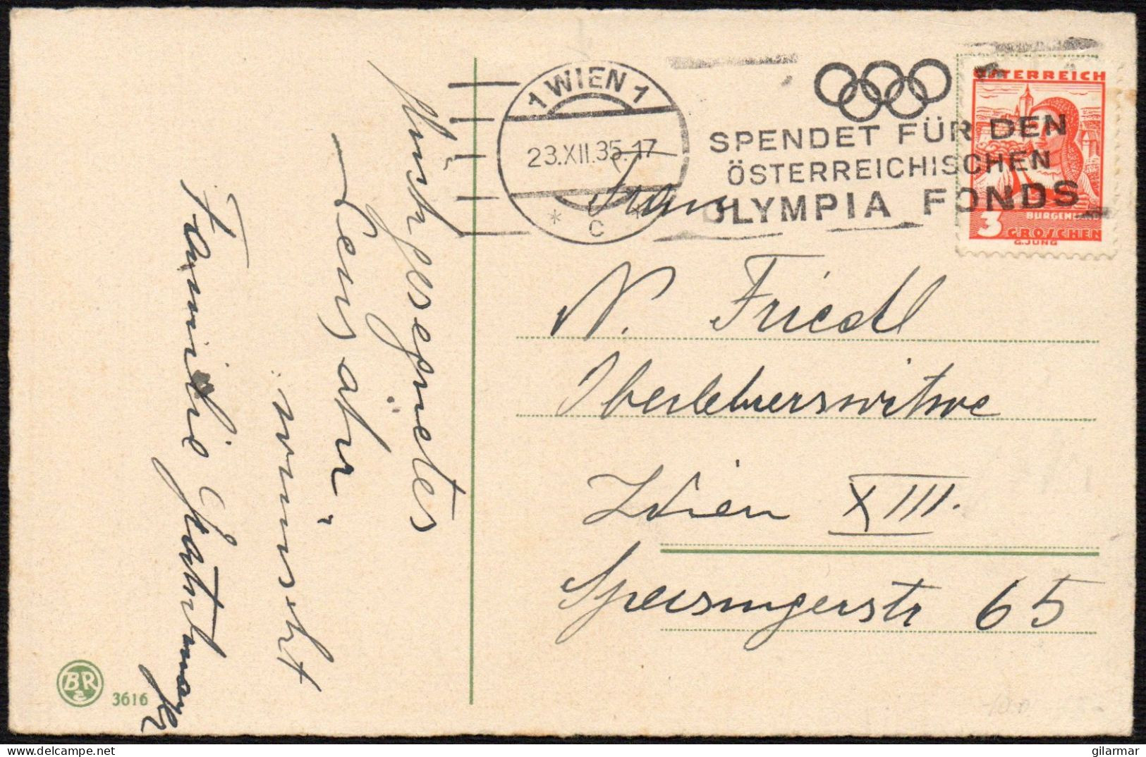 OLYMPIC GAMES 1936 - AUSTRIA WIEN 1 C 1935 - DONATE TO THE AUSTRIAN OLYMPIC FUND - MAILED POSTCARD - M - Summer 1936: Berlin