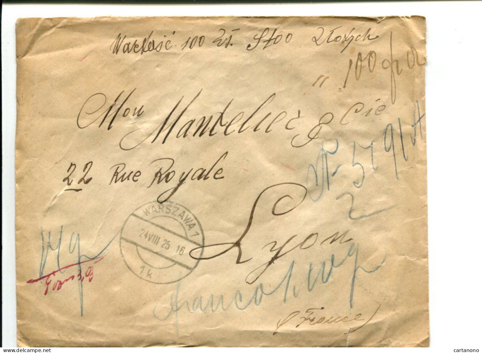 POLOGNE 1925 Lettre Sans Timbre En Valeur Déclarée(?) - Avec Cachets De Cire Au Dos - Storia Postale