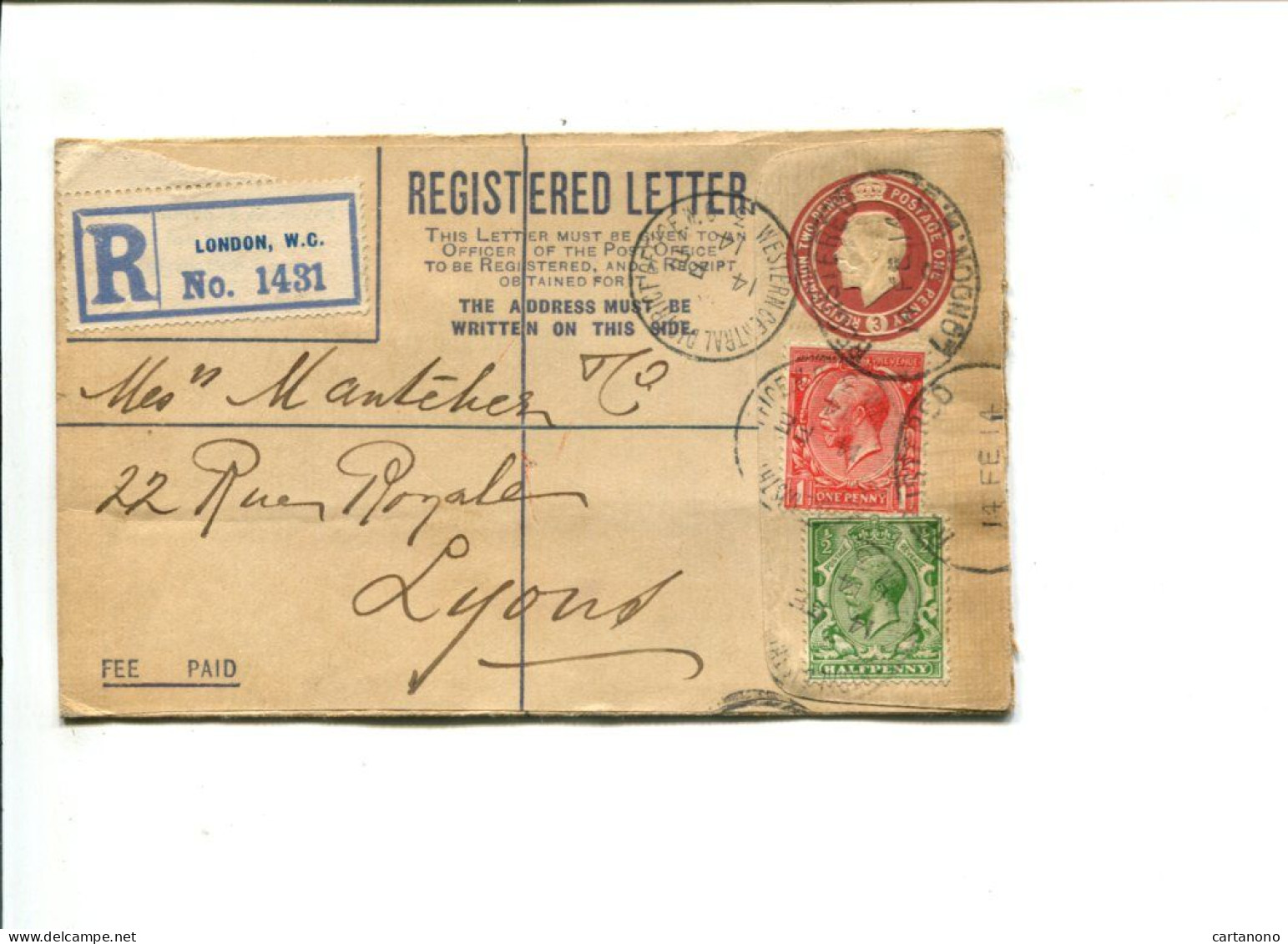 Grande Bretagne 1914 Entier Postal 3 Pence George V Recommandé  à Destination De Lyon France - Postmark Collection