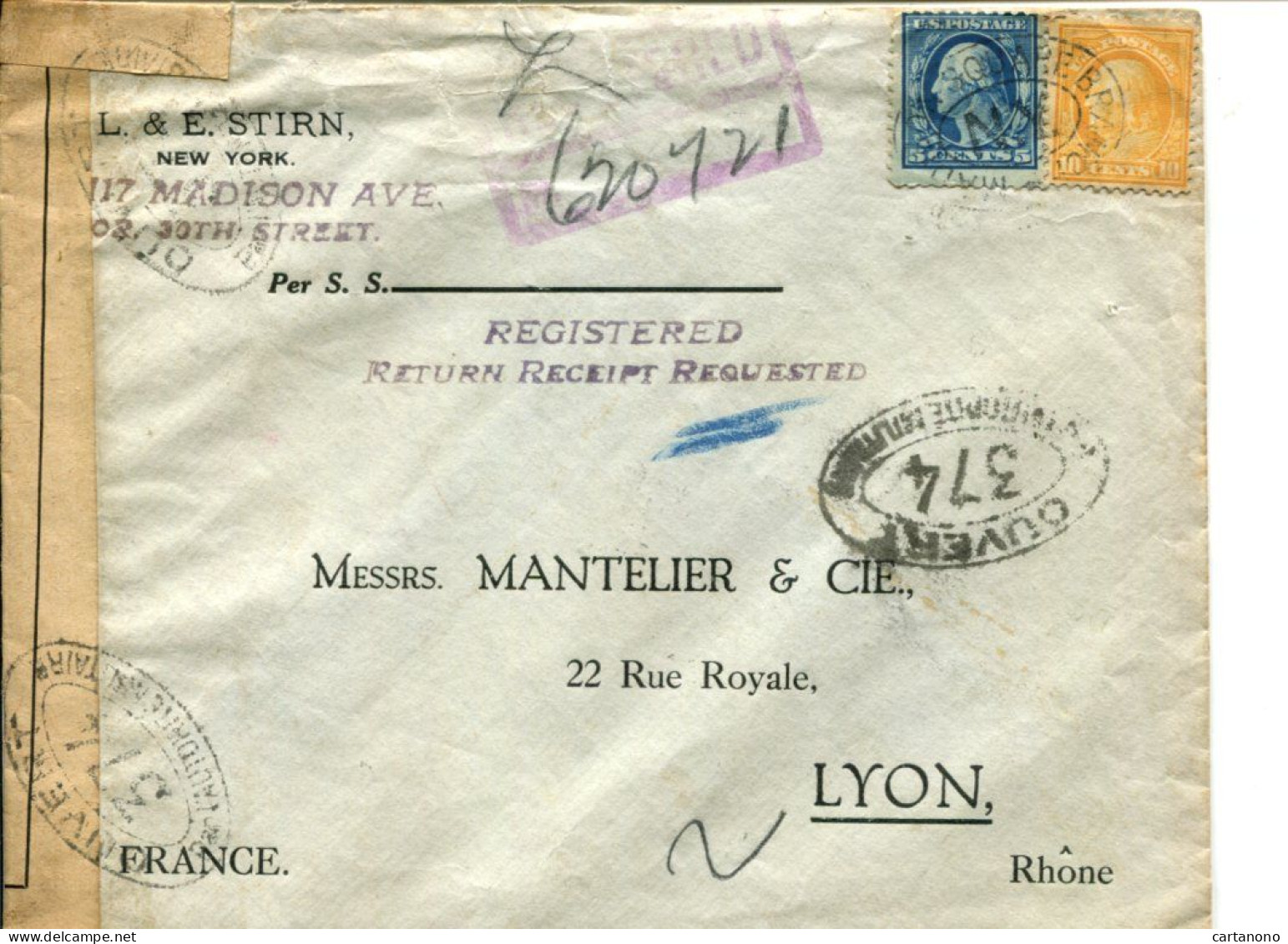 Etats Unis 1918 Affranchissement Sur Lettre Recommandée Avec Censure Pour La France Paquebot Adriatic - Postal History