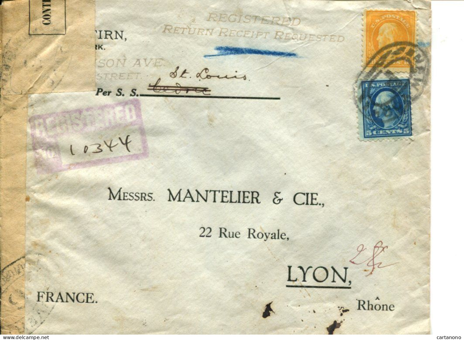 Etats Unis 1916 Affranchissement Sur Lettre Recommandée Avec Censure Pour La France Paquebot St Louis - Postal History