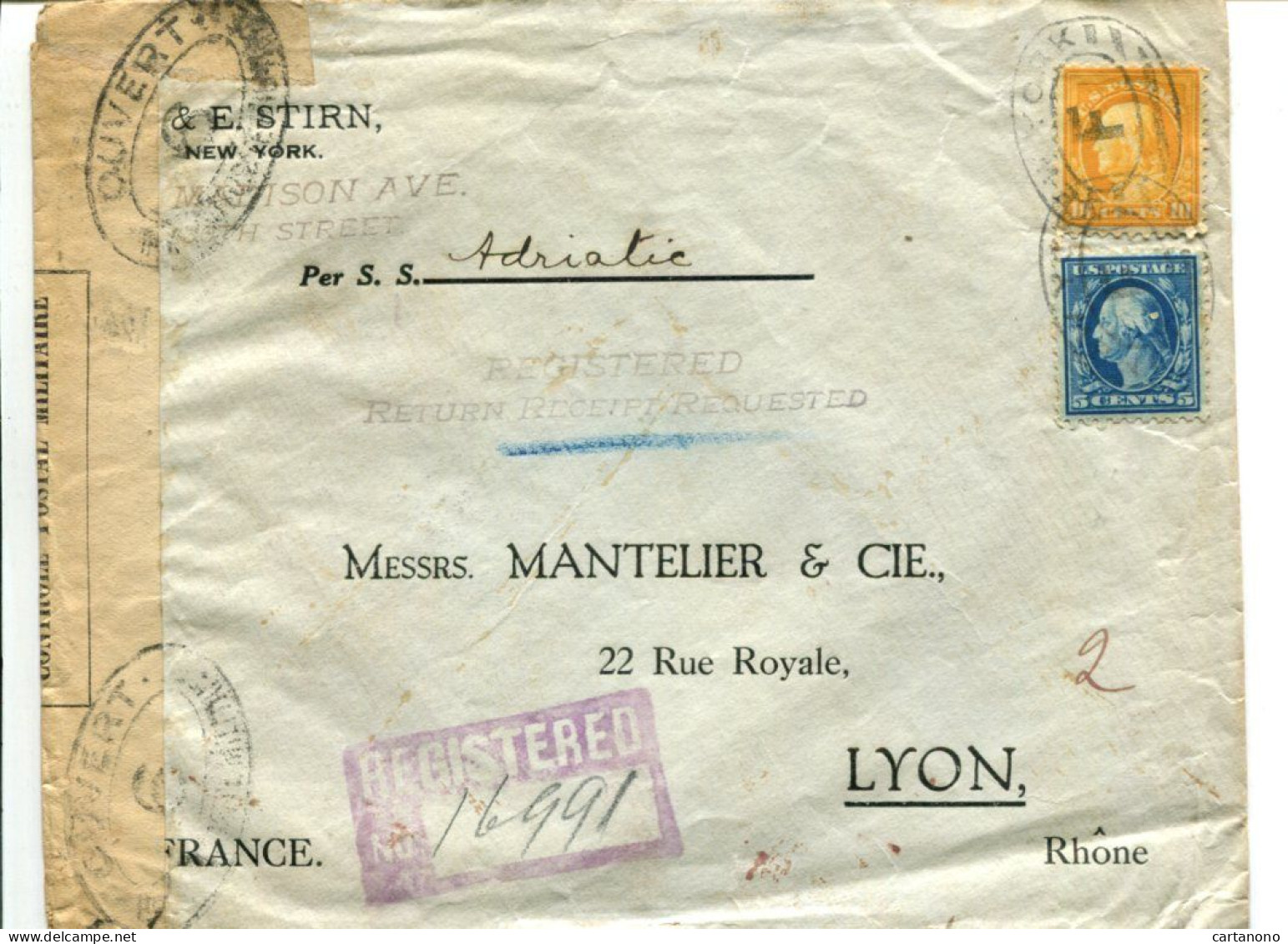 Etats Unis 1916 Affranchissement Sur Lettre Recommandée Avec Censure Pour La France Paquebot Adriatic - Storia Postale