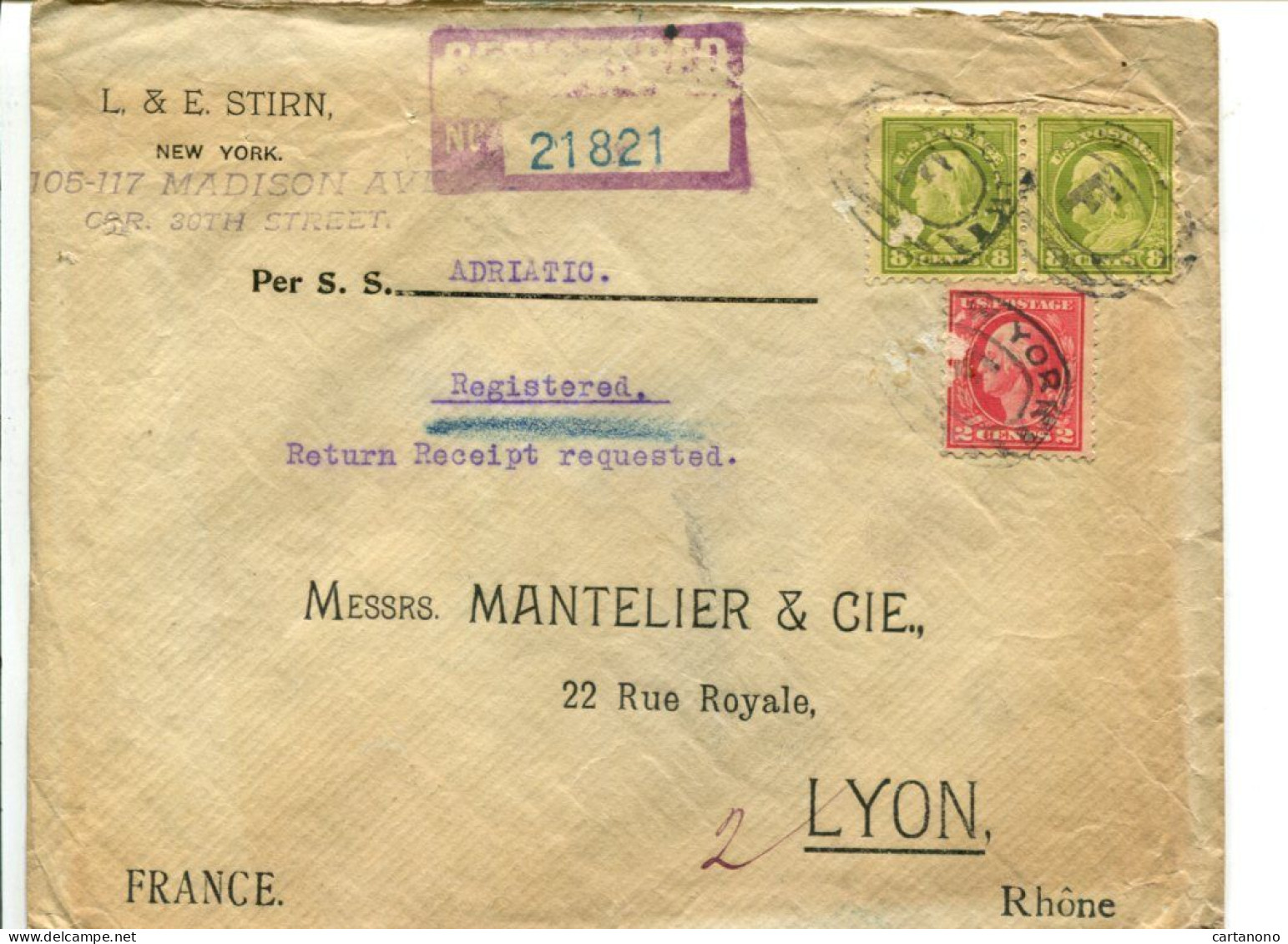 Etats Unis 1915 Affranchissement Sur Lettre Recommandée Pour La France (déf.) Paquebot Adriatic - Storia Postale