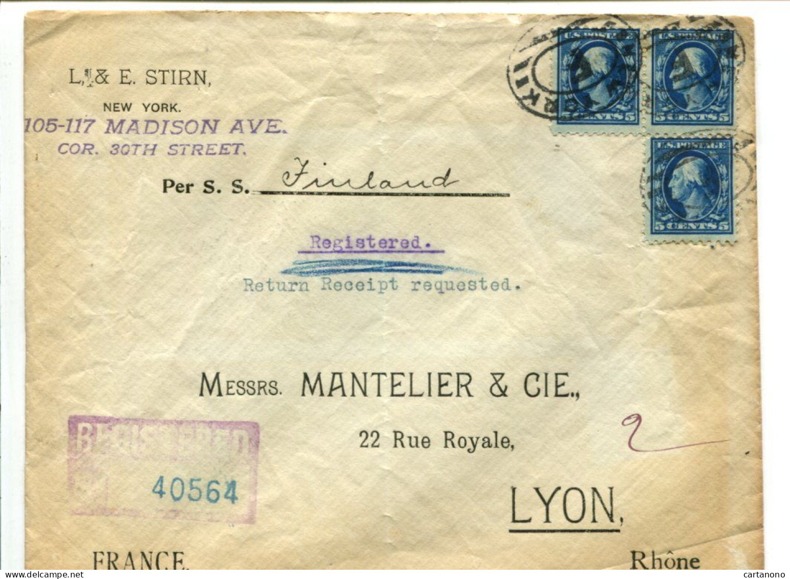 Etats Unis 1916 Affranchissement Sur Lettre Recommandée Pour La France - Storia Postale