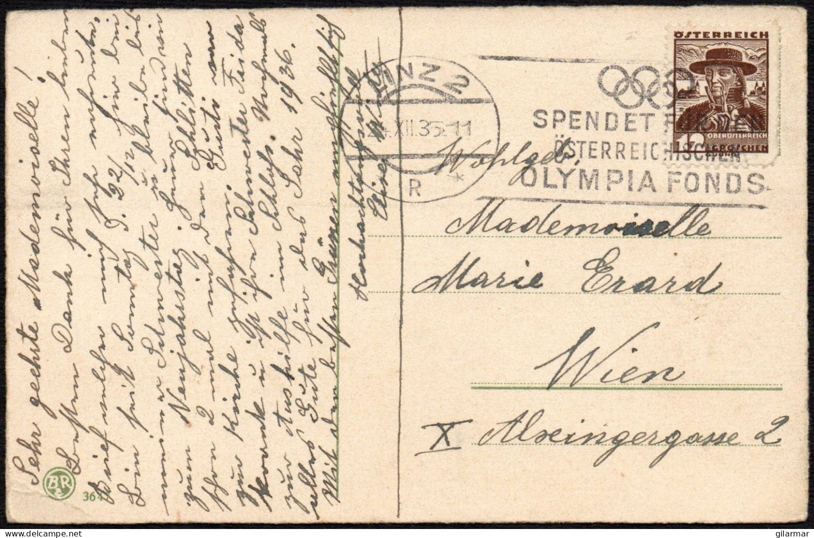 OLYMPIC GAMES 1936 - AUSTRIA LINZ 1935 - DONATE TO THE AUSTRIAN OLYMPIC FUND - MAILED POSTCARD - M - Summer 1936: Berlin