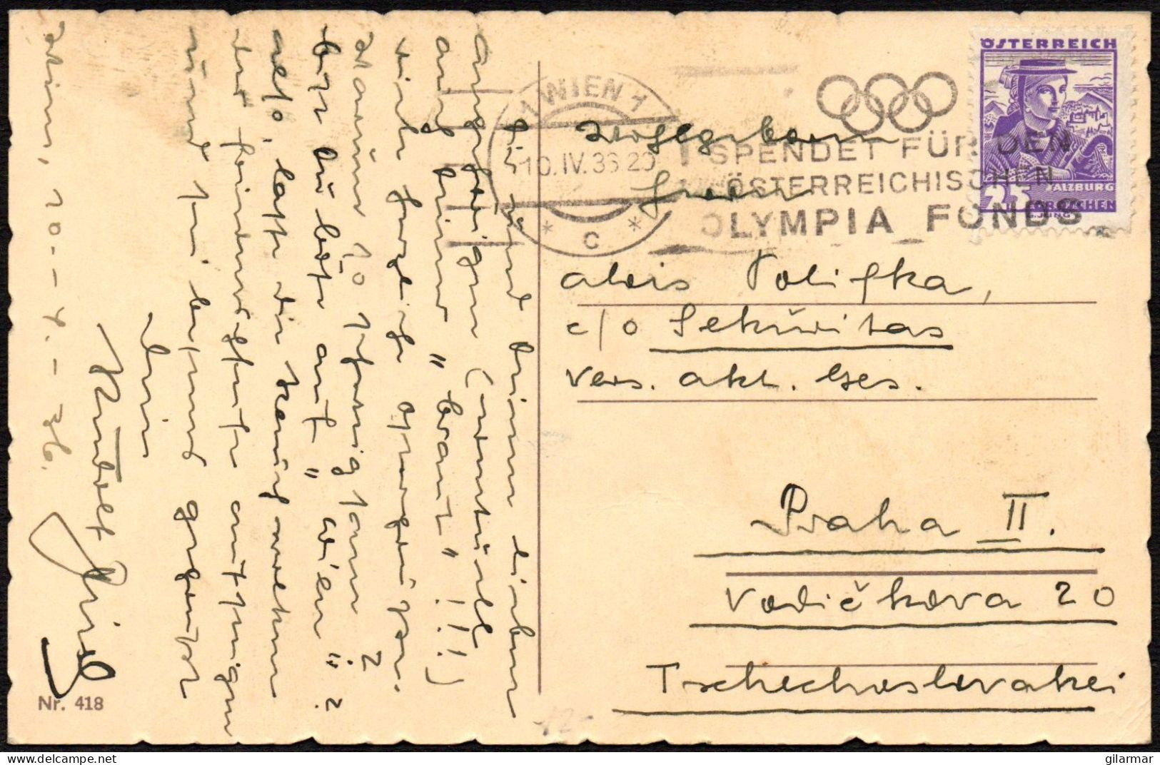 OLYMPIC GAMES 1936 - AUSTRIA WIEN 1 C 1935 - DONATE TO THE AUSTRIAN OLYMPIC FUND - MAILED POSTCARD - M - Estate 1936: Berlino