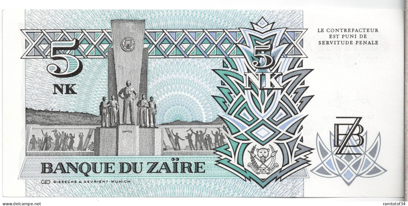 ZAIRE - 5 Zaïre 1982-1985 UNC - Zaire