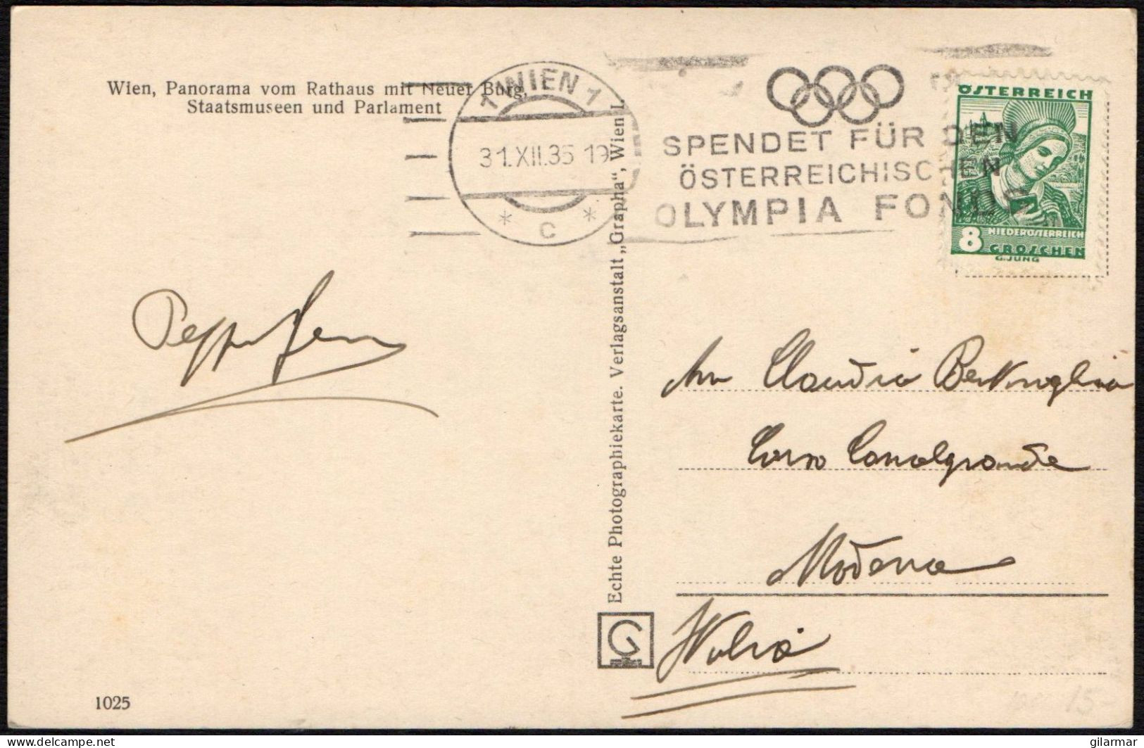 OLYMPIC GAMES 1936 - AUSTRIA WIEN 1 C 1935 - DONATE TO THE AUSTRIAN OLYMPIC FUND - MAILED POSTCARD - M - Summer 1936: Berlin