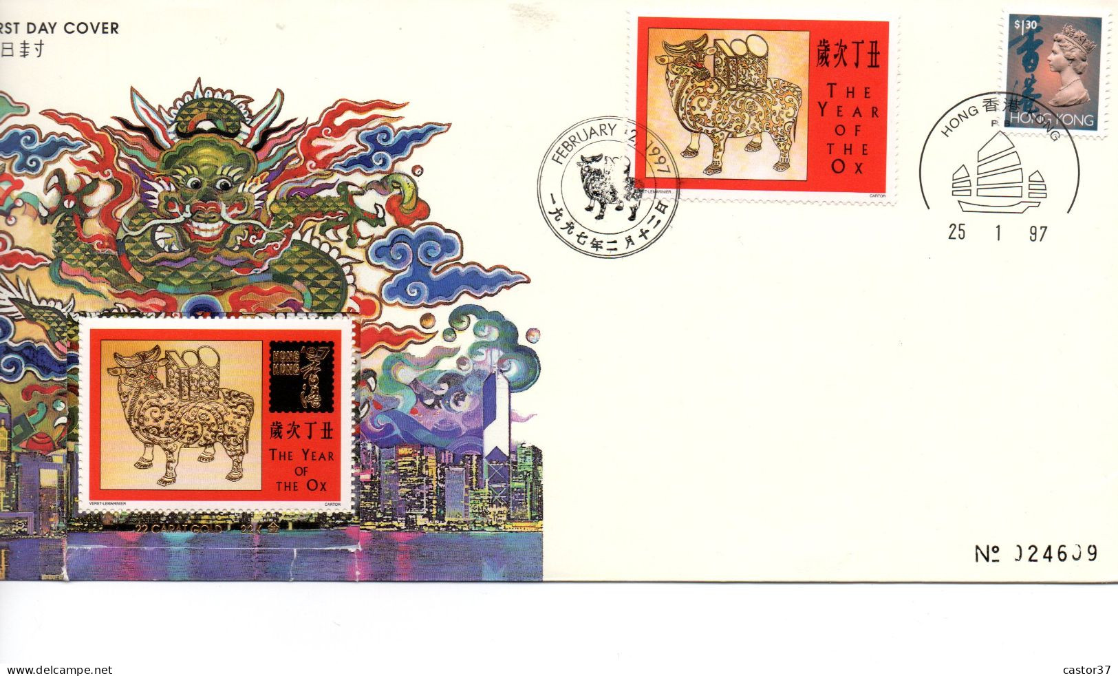 Chuna Hong Kong 1997 PDC Yerar Of The Ox Gold Free Shipping - Lettres & Documents