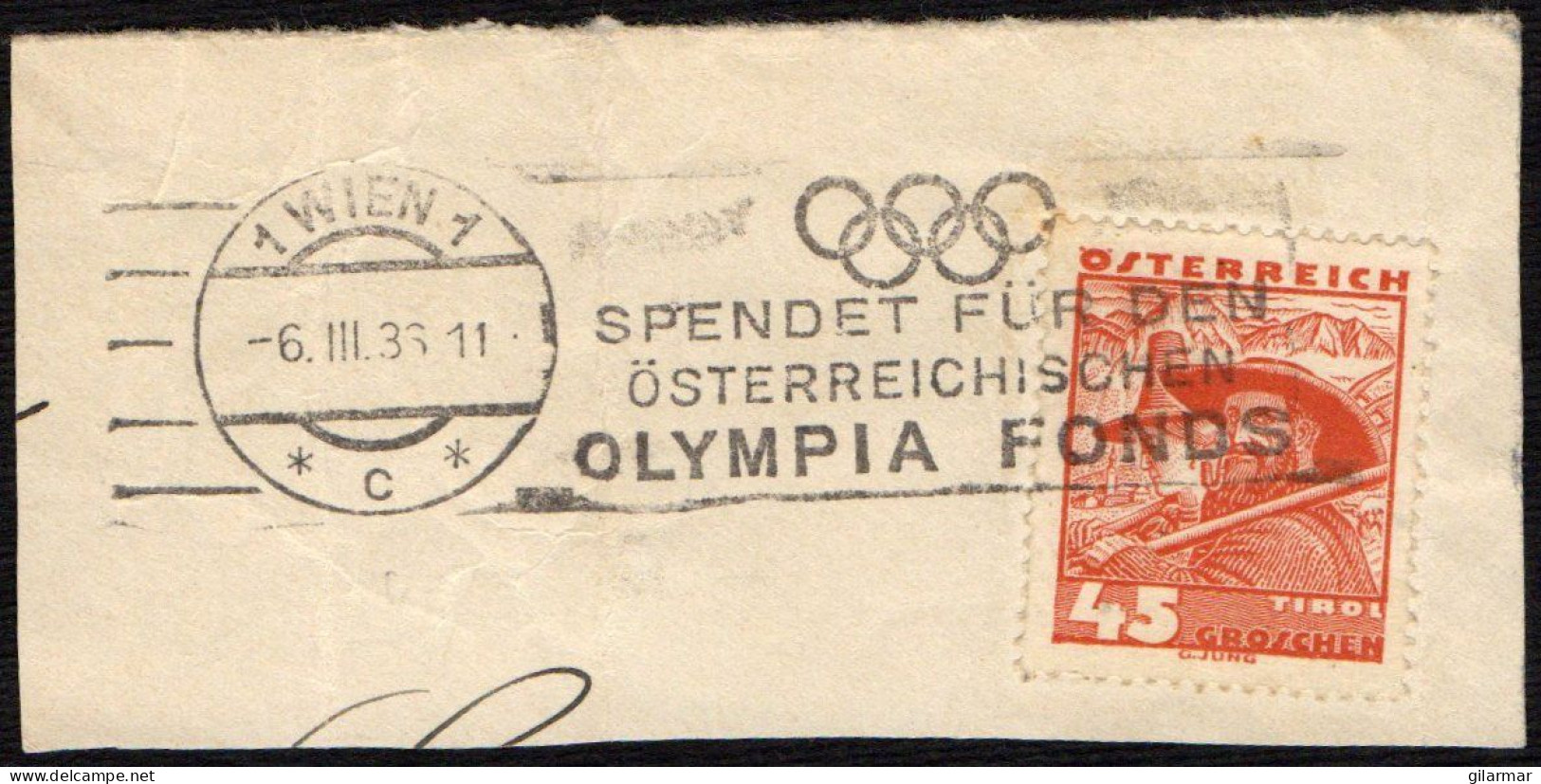 OLYMPIC GAMES 1936 - AUSTRIA WIEN 1 C 1935 - DONATE TO THE AUSTRIAN OLYMPIC FUND - FRAGMENT Cm 10x4,80 - M - Summer 1936: Berlin