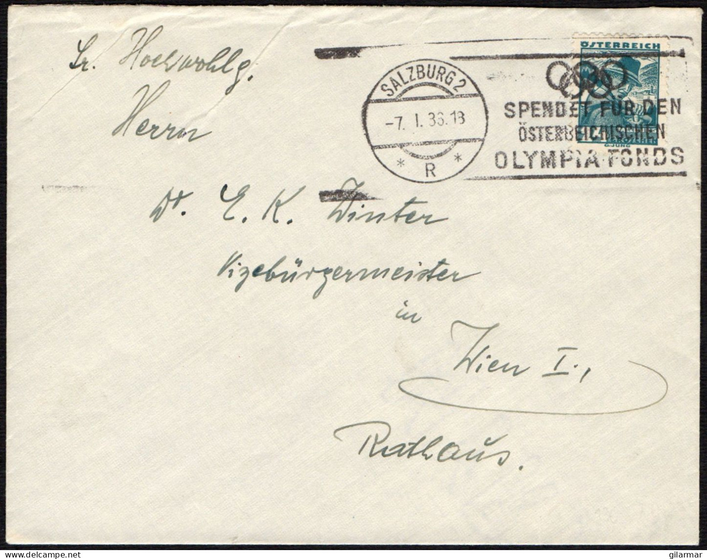 OLYMPIC GAMES 1936 - AUSTRIA SALZBURG 1936 - DONATE TO THE AUSTRIAN OLYMPIC FUND - MAILED ENVELOPE - M - Estate 1936: Berlino