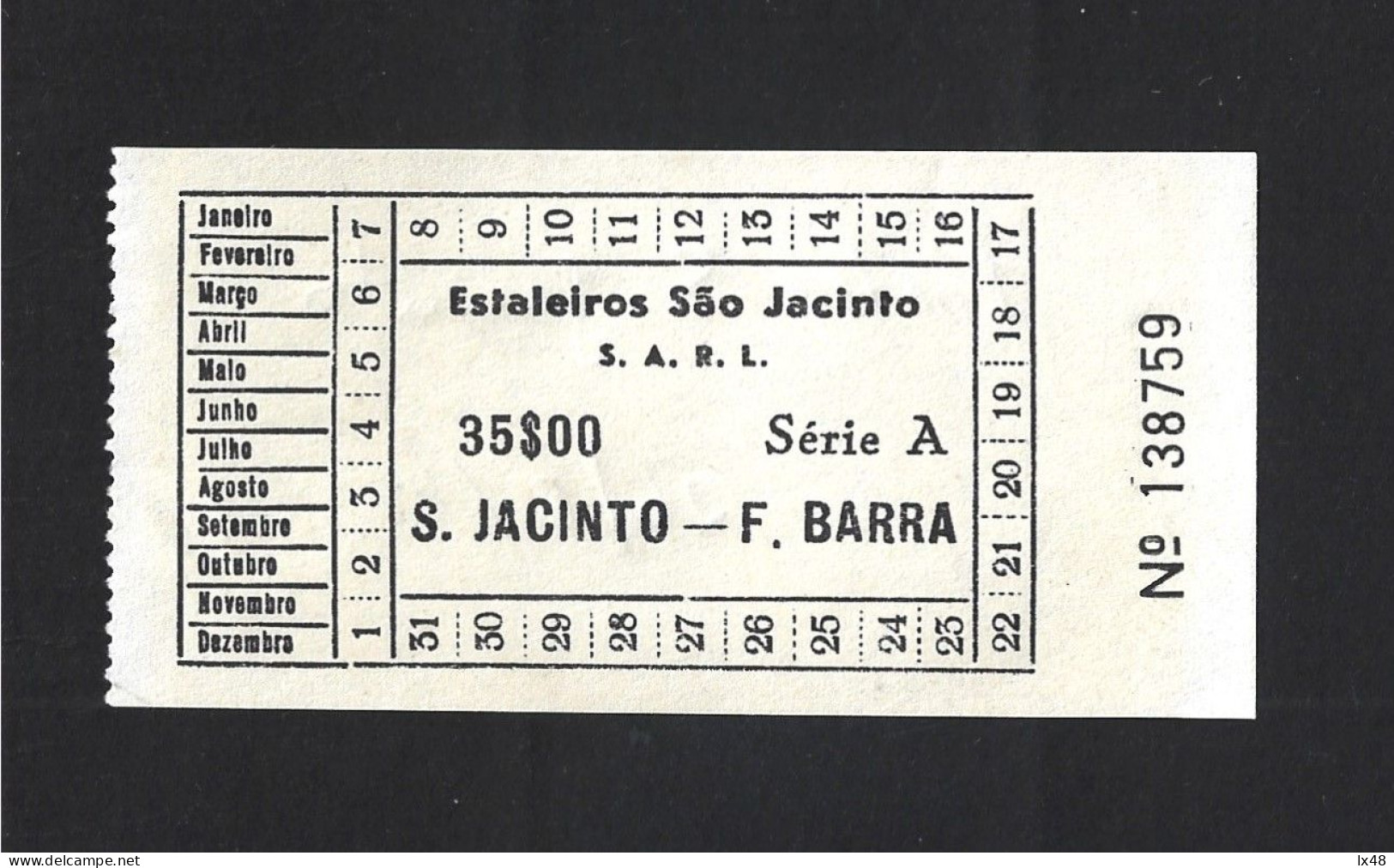 Ferry Transport Ticket From São Jacinto To Forte Da Barra, Ílhavo, Aveiro. São Jacinto Naval Shipyards. Bilhete Ferry S. - Europa