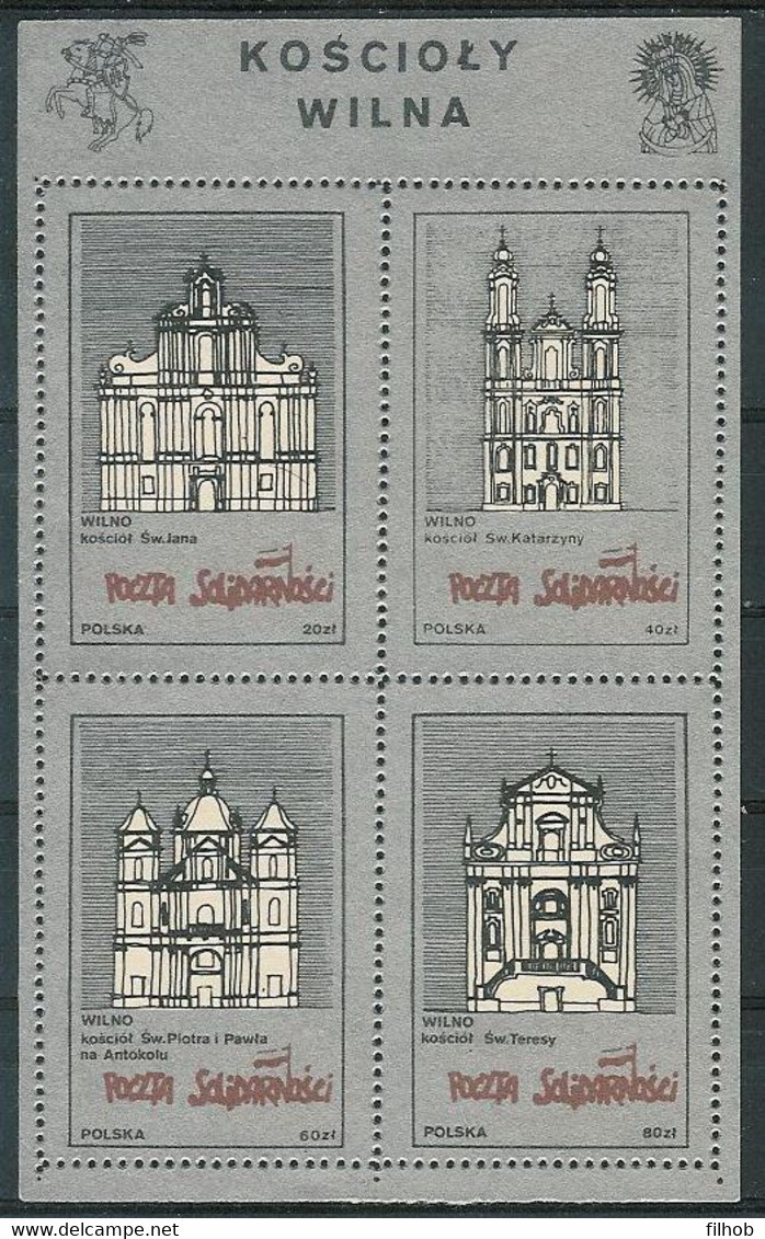 Poland SOLIDARITY (S229): Churches Of Vilnius (block 1 Silver) - Vignettes Solidarnosc