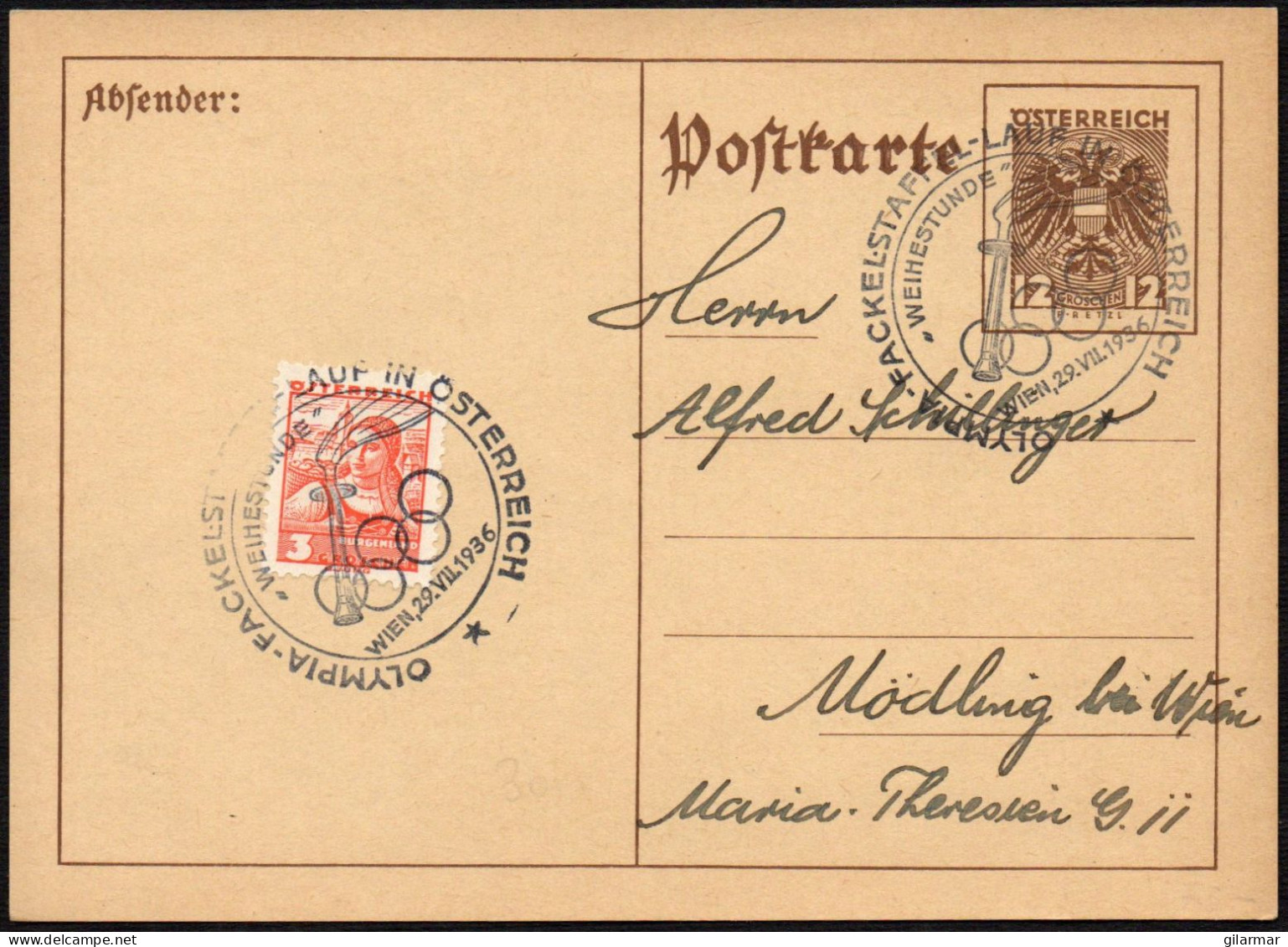 AUSTRIA WIEN 1936 - OLYMPIC TORCH RELAY IN AUSTRIA - MAILED POSTAL STATIONERY - M - Summer 1936: Berlin