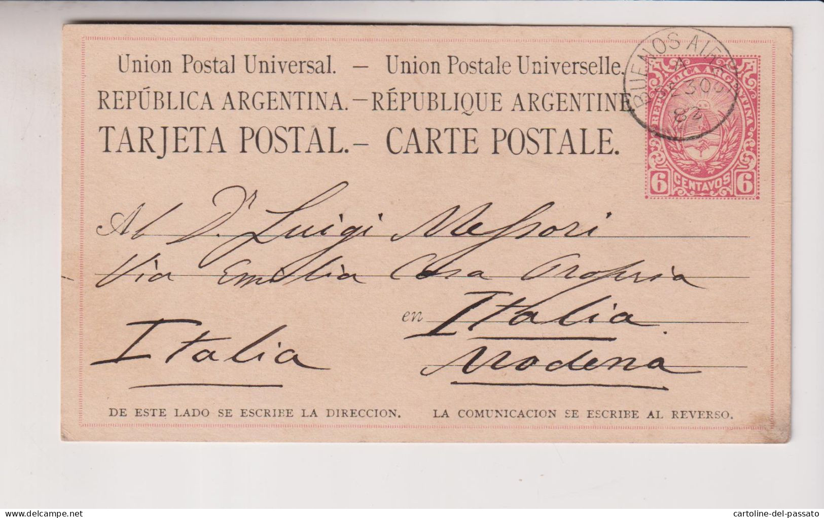 ARGENTINA STORIA POSTALE  30/10/1882 BUENOS AIRES PER MODENA  6 CENTAVOS - Corrientes (1856-1880)