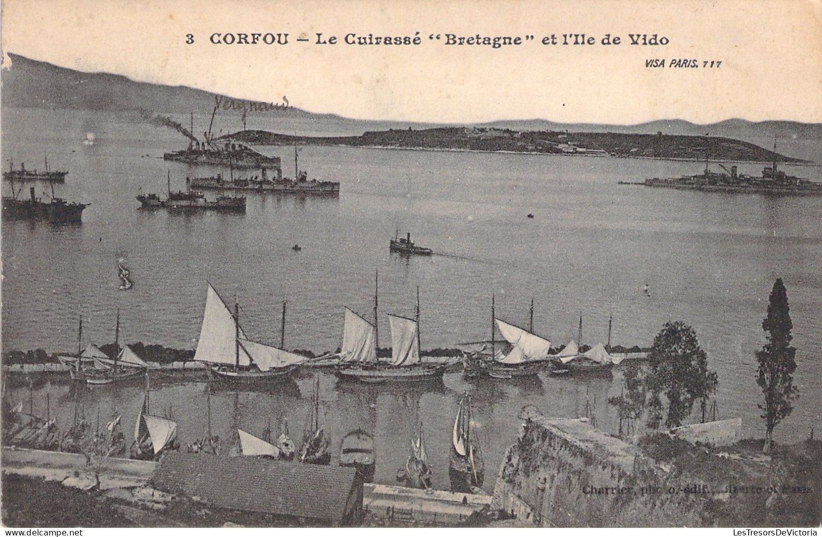 GRECE - Corfou - Le Cuirassé Bretagne Et L'ile De Vido - Carte Postale Ancienne - Grèce